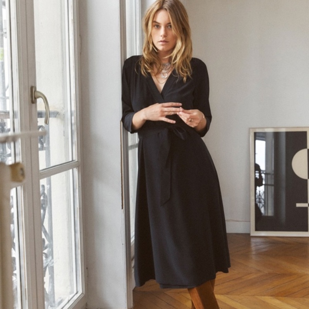 Sezane 100% silk midi wrap dress